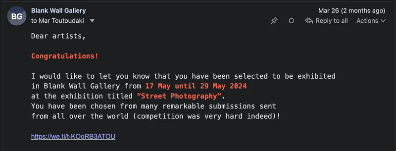 Email from Blank Wall Gallery