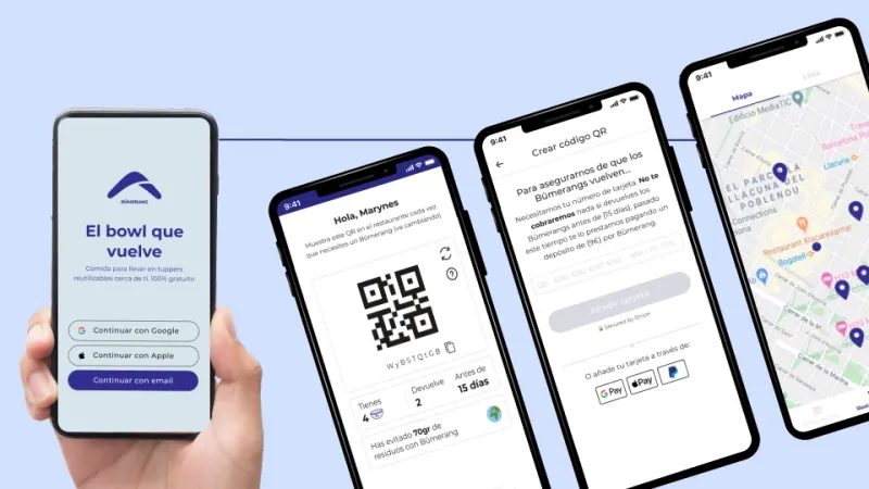 Bumerang app screens showing QR scanning and container tracking