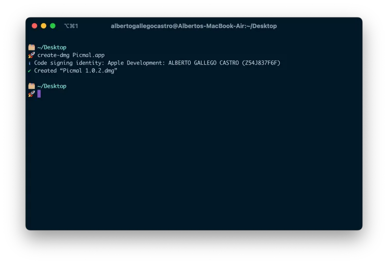 Screenshot of the create-dmg CLI tool generating a DMG installer for a macOS app