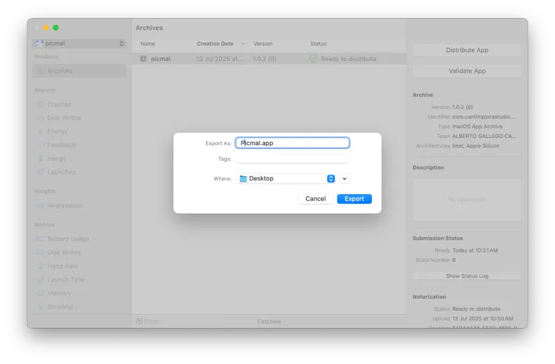 Xcode export screen showing the option to select 