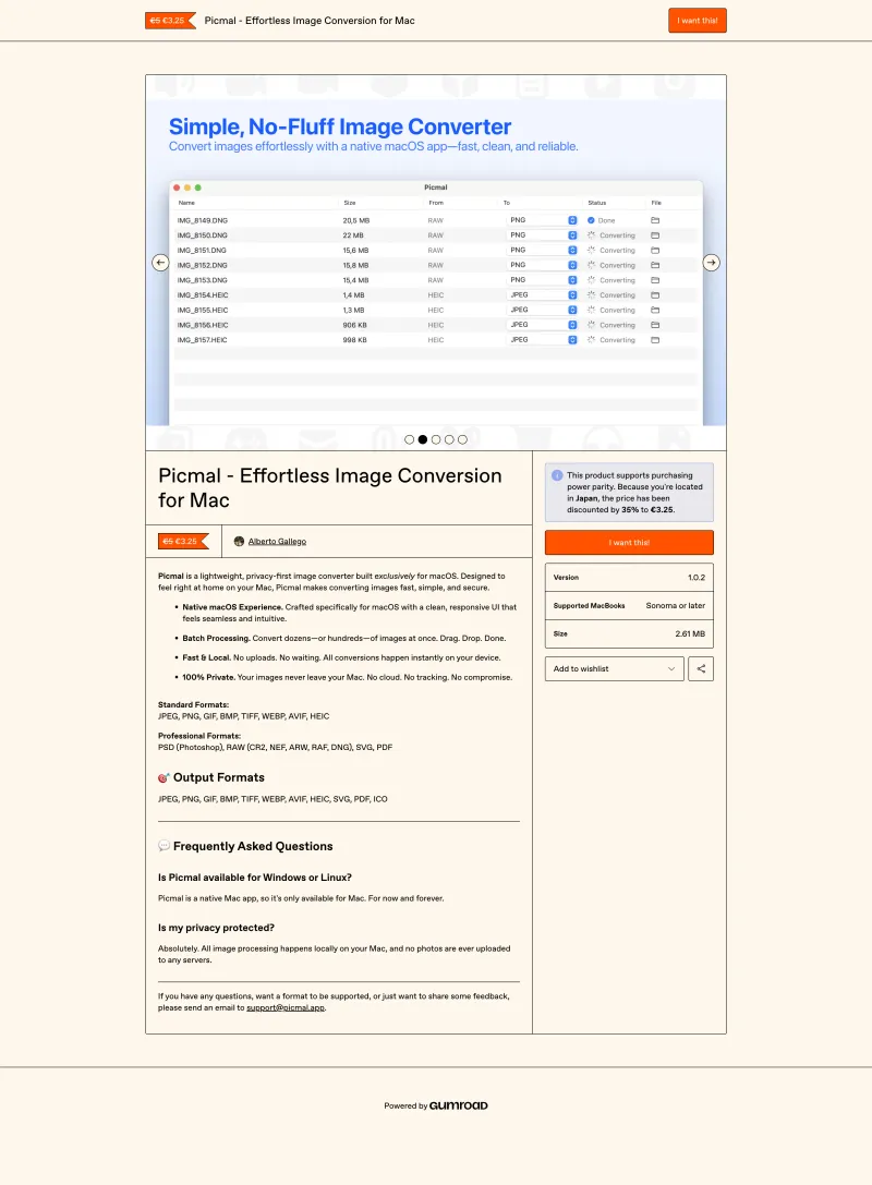 Picmal app listing on Gumroad, showing the DMG installer ready for download